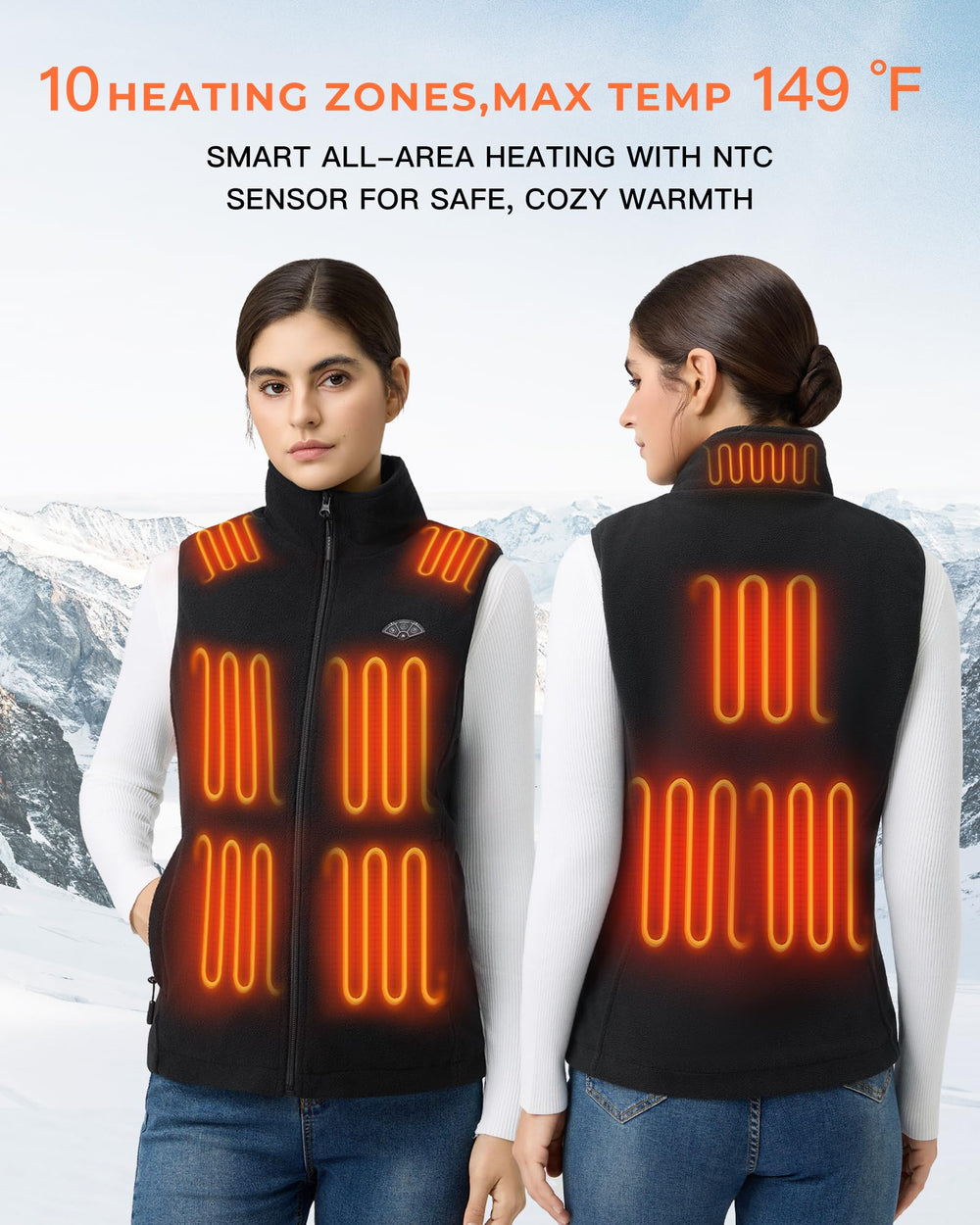 Topdot heated vest women heat zones highlight chest and back coverage for core warmth.