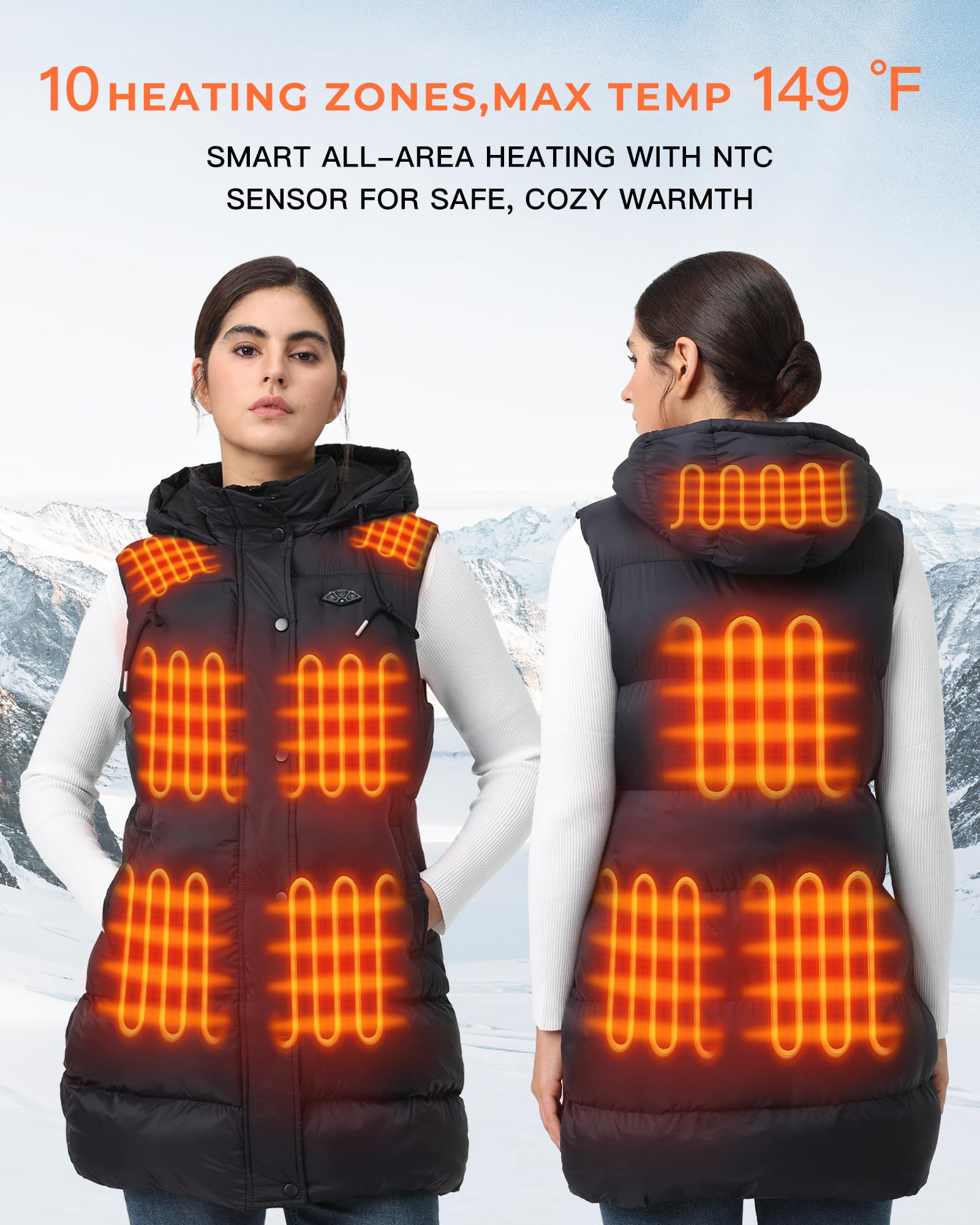 Topdot Long Puffer Heated Vest back view showing extended length for core warmth.