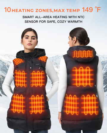 Topdot Long Puffer Heated Vest back view showing extended length for core warmth.