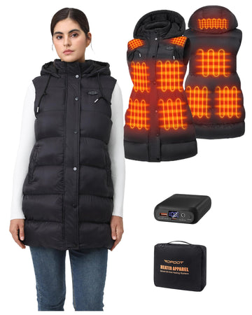 Topdot Long Puffer Heated Vest front view for all-day warmth during commutes.