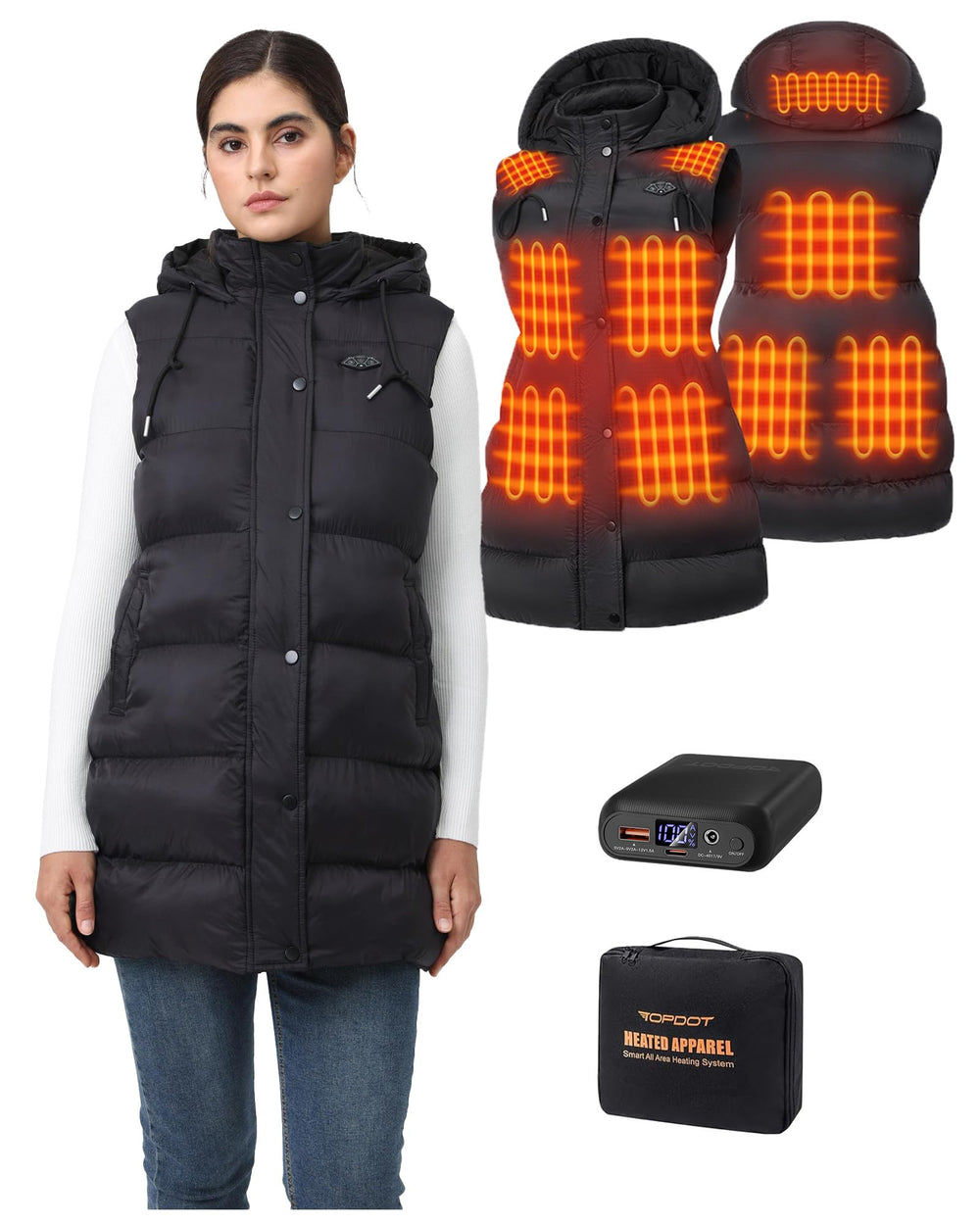 Topdot Long Puffer Heated Vest front view for all-day warmth during commutes.