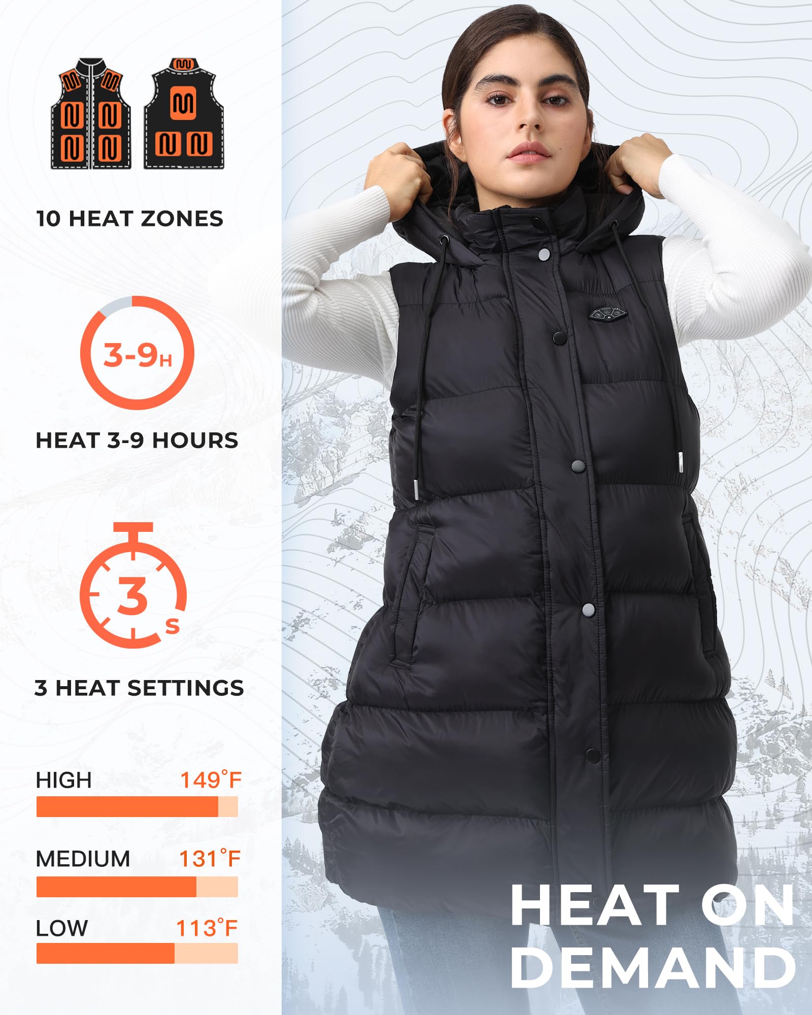 Topdot vest with hood offers extra weather protection in cold outdoor weather.