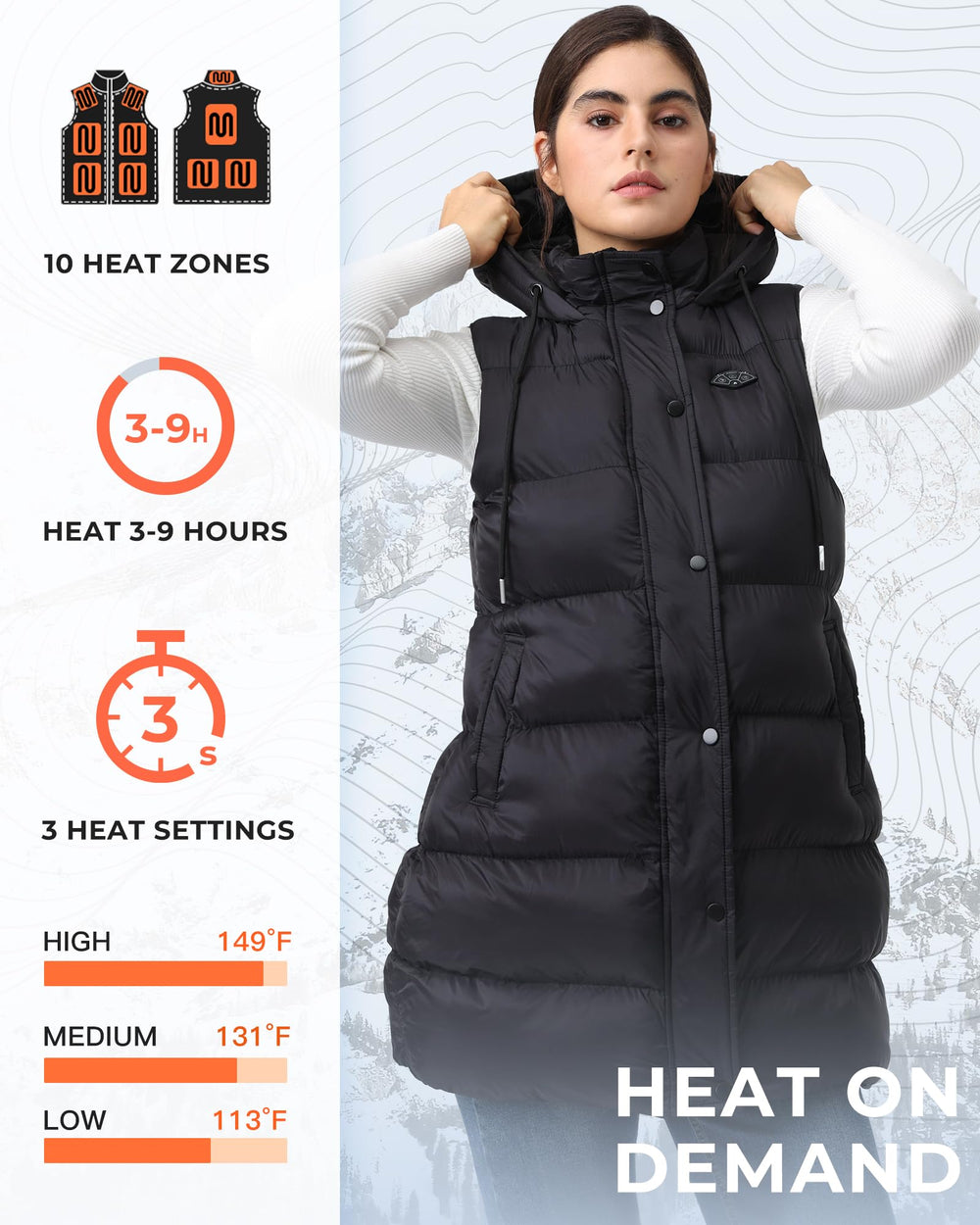 Topdot vest with hood offers extra weather protection in cold outdoor weather.