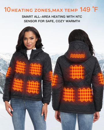 Topdot quilted heated jacket back view provides full-coverage warmth for cold outings.