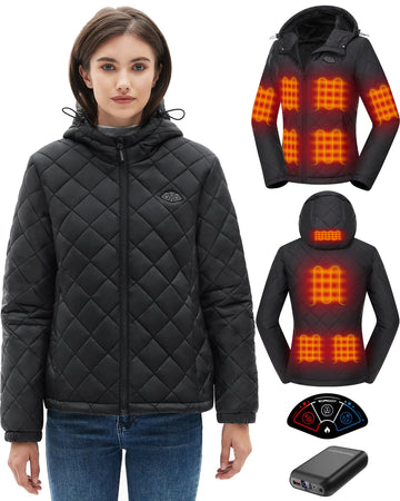 Topdot quilted heated jacket front view demonstrates lightweight warmth for outdoor activities.