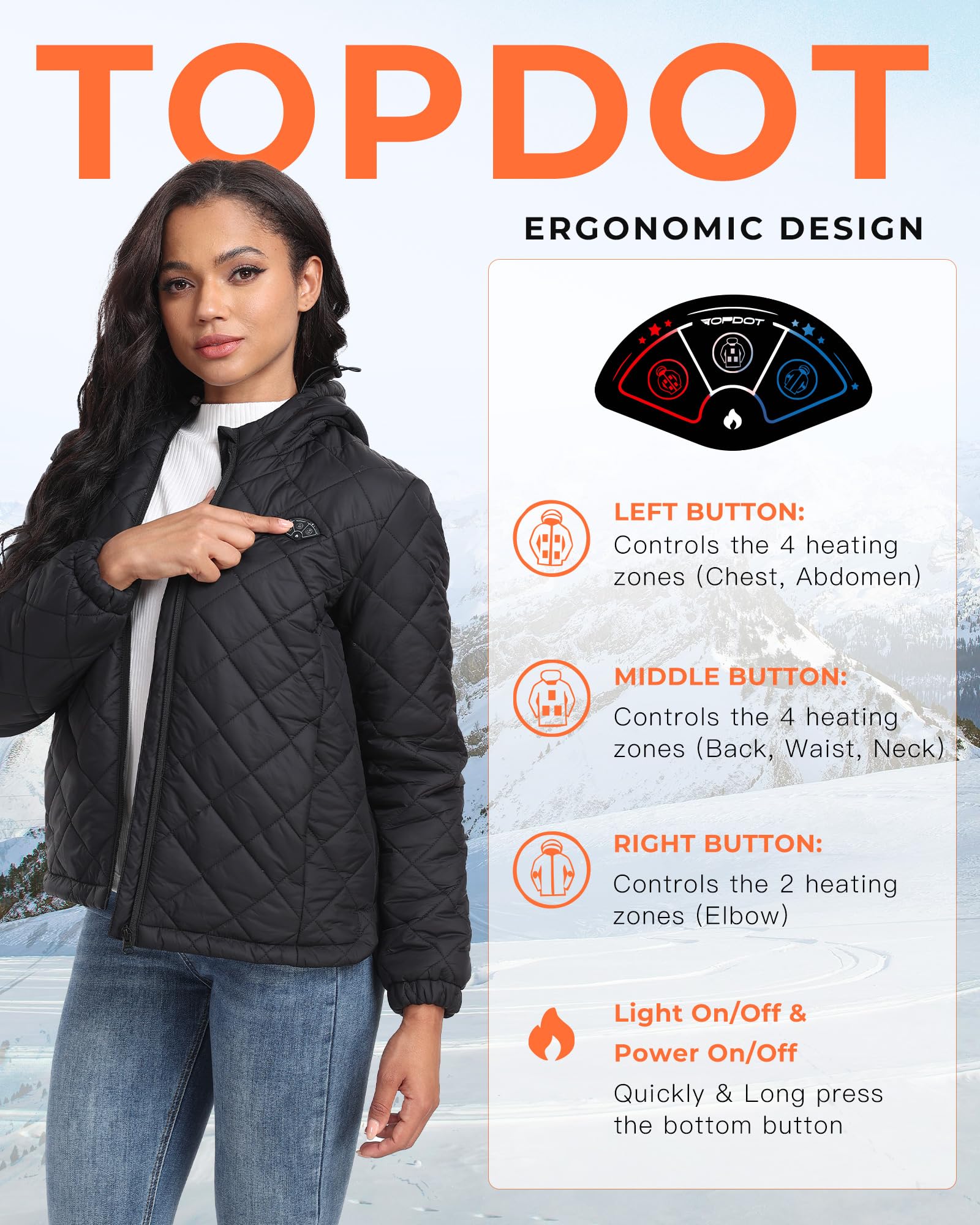 Topdot quilted heated jacket worn outdoors conveys versatile warmth for everyday use.