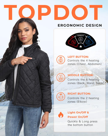 Topdot quilted heated jacket worn outdoors conveys versatile warmth for everyday use.