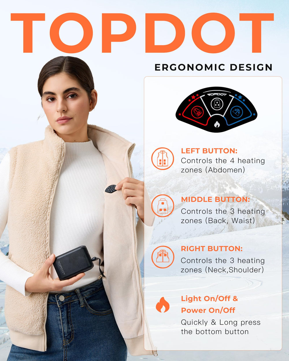 Topdot women heated vest in snow activity demonstrates versatile outdoor warmth.