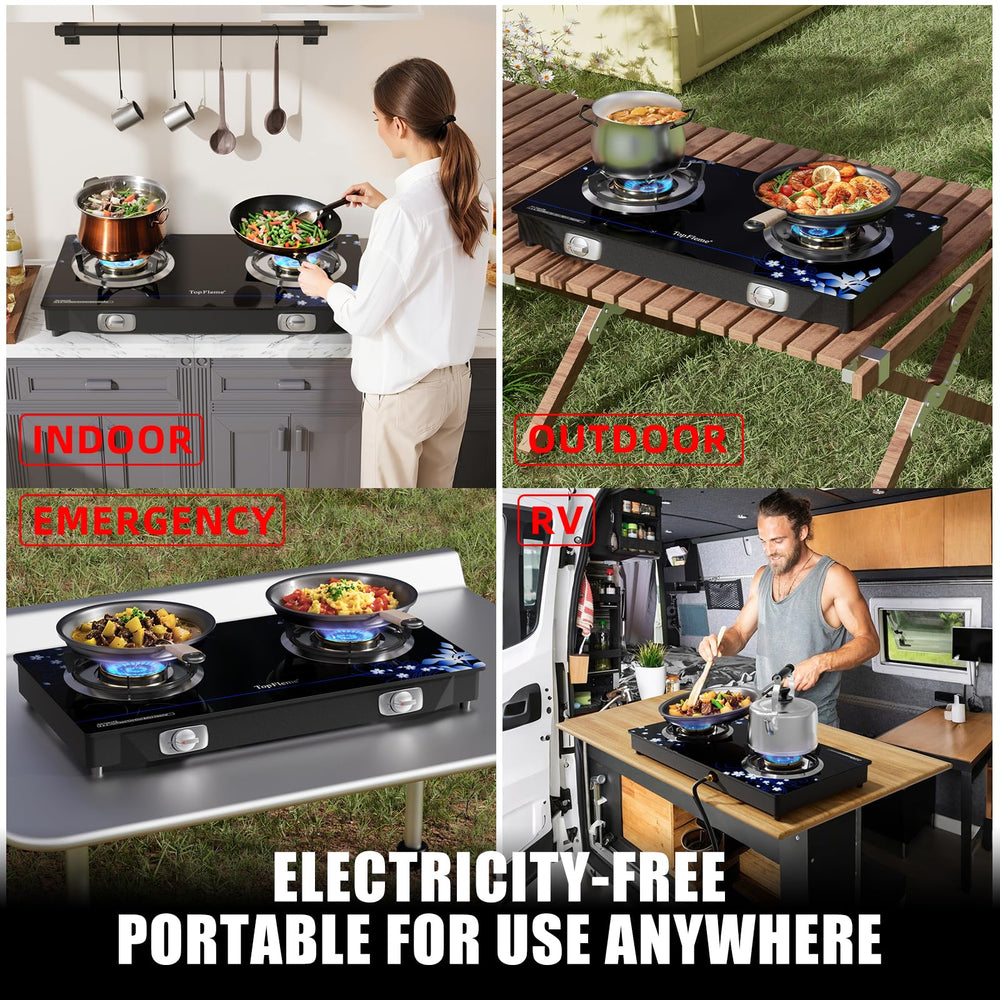 TopFleme outdoor camping use highlights portable design and emergency cooking readiness.