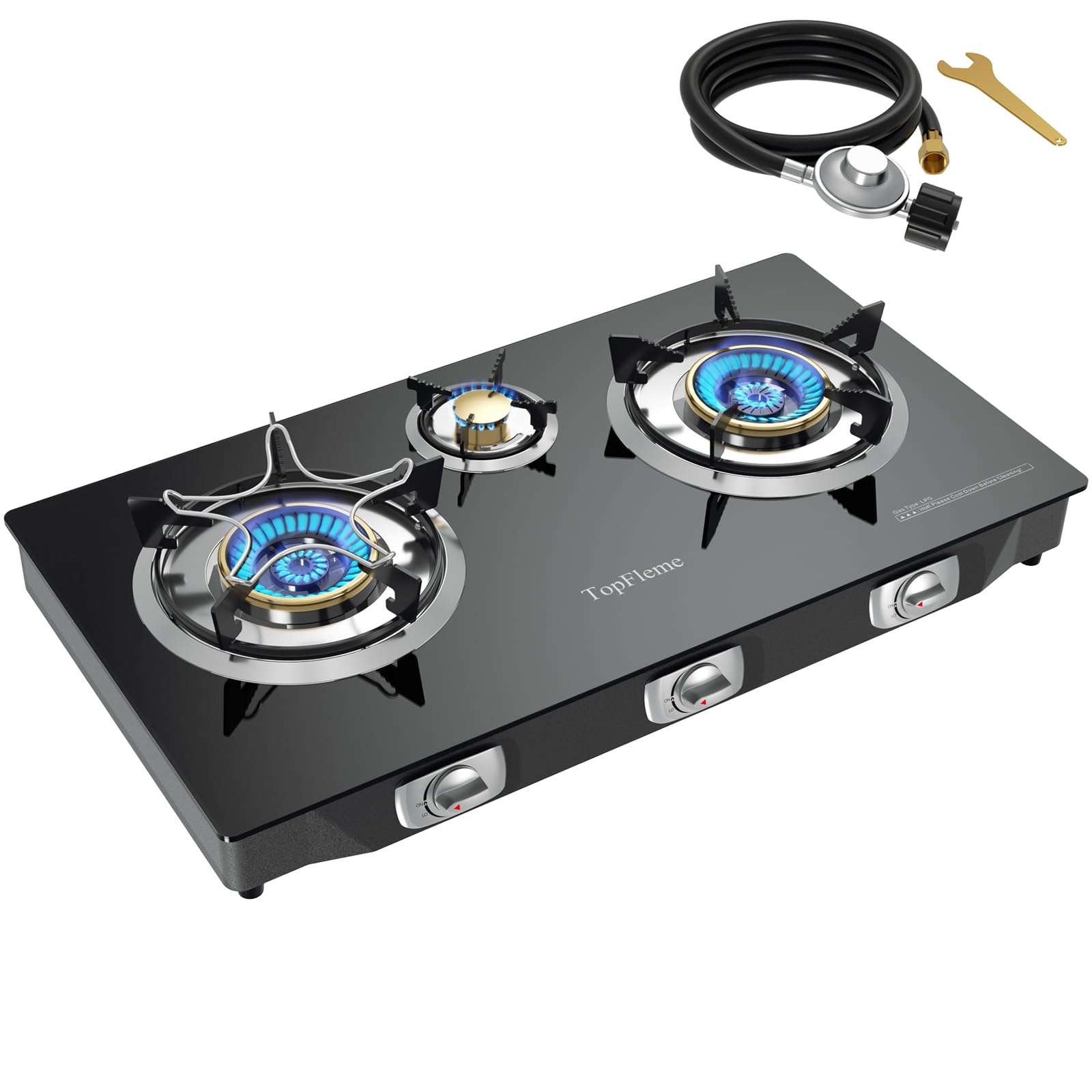 TopFleme three-burner propane stove delivers stable outdoor heat for campground meals.