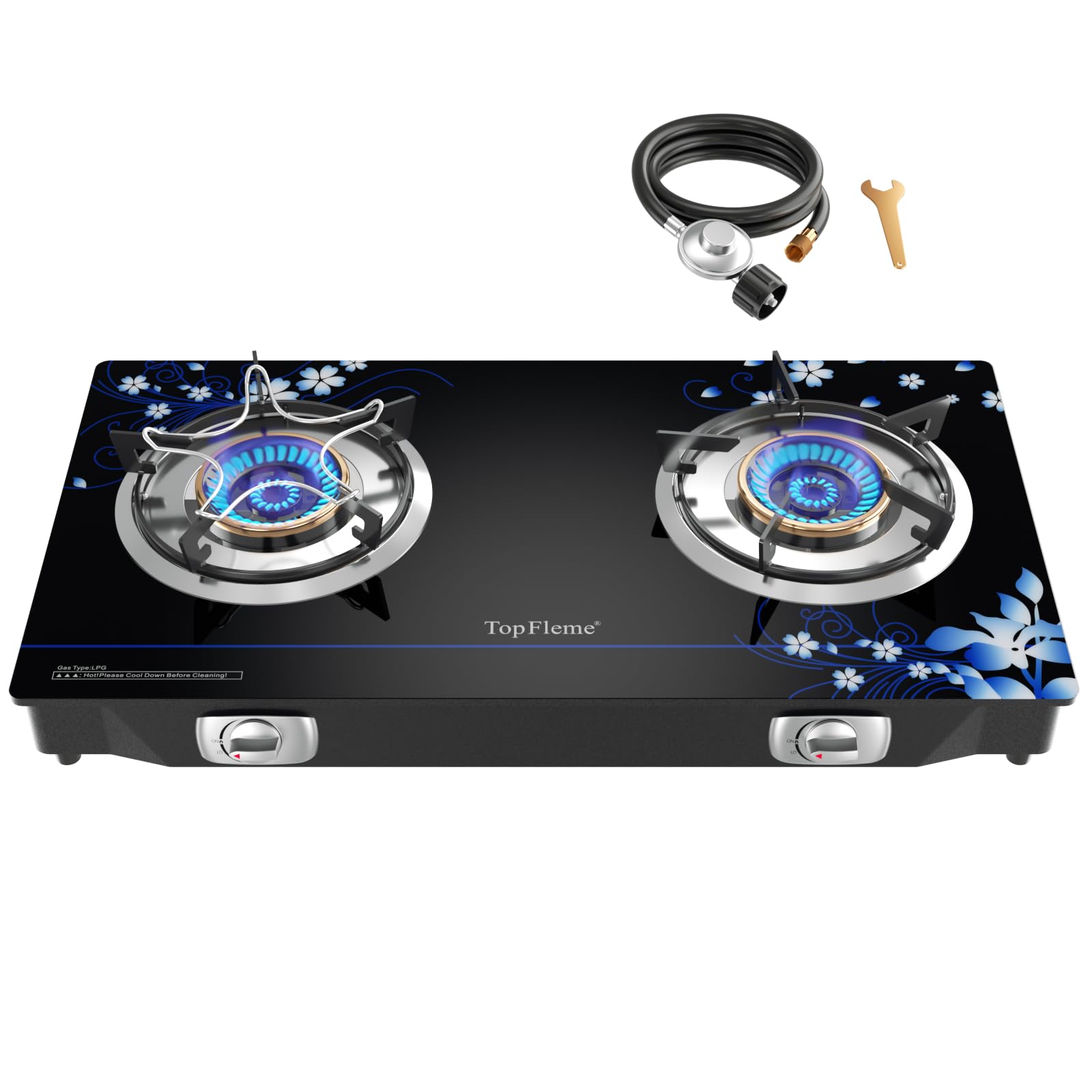 TopFleme two burner stove assembly for portable outdoor cooking versatility.