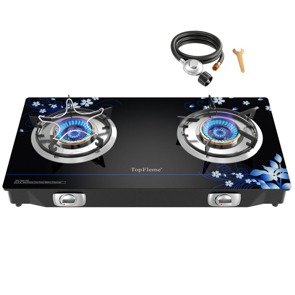 TopFleme two burner stove assembly for portable outdoor cooking versatility.