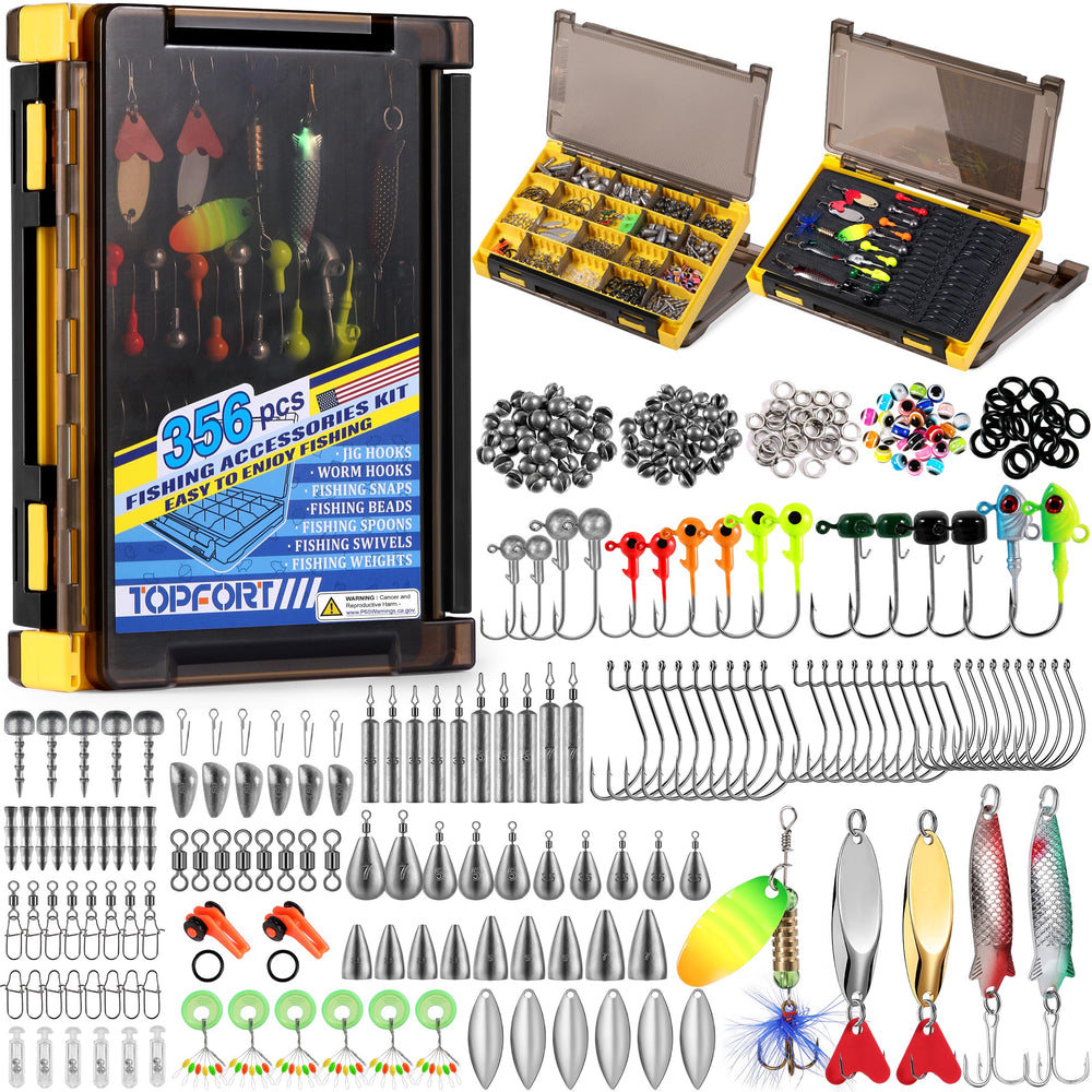 TOPFORT 356PCS fishing kit full setup shows comprehensive organization for varied rigs.