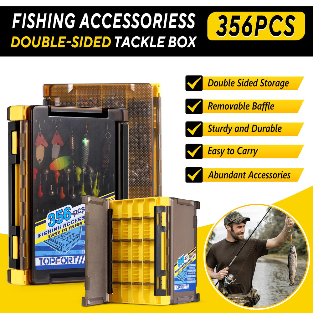 TOPFORT double-sided tackle box open demonstrates easy gear separation and protection on the go.