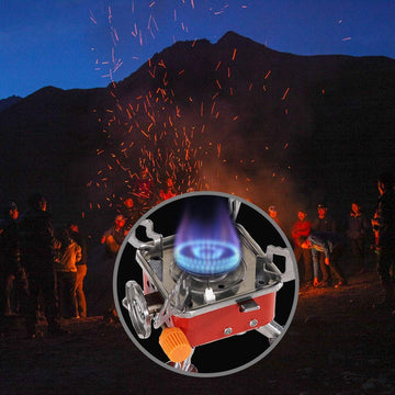 Topincn camping stove outdoors against a scenic hiking backdrop.