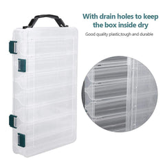 Transparent plastic lure box with compartments visible
