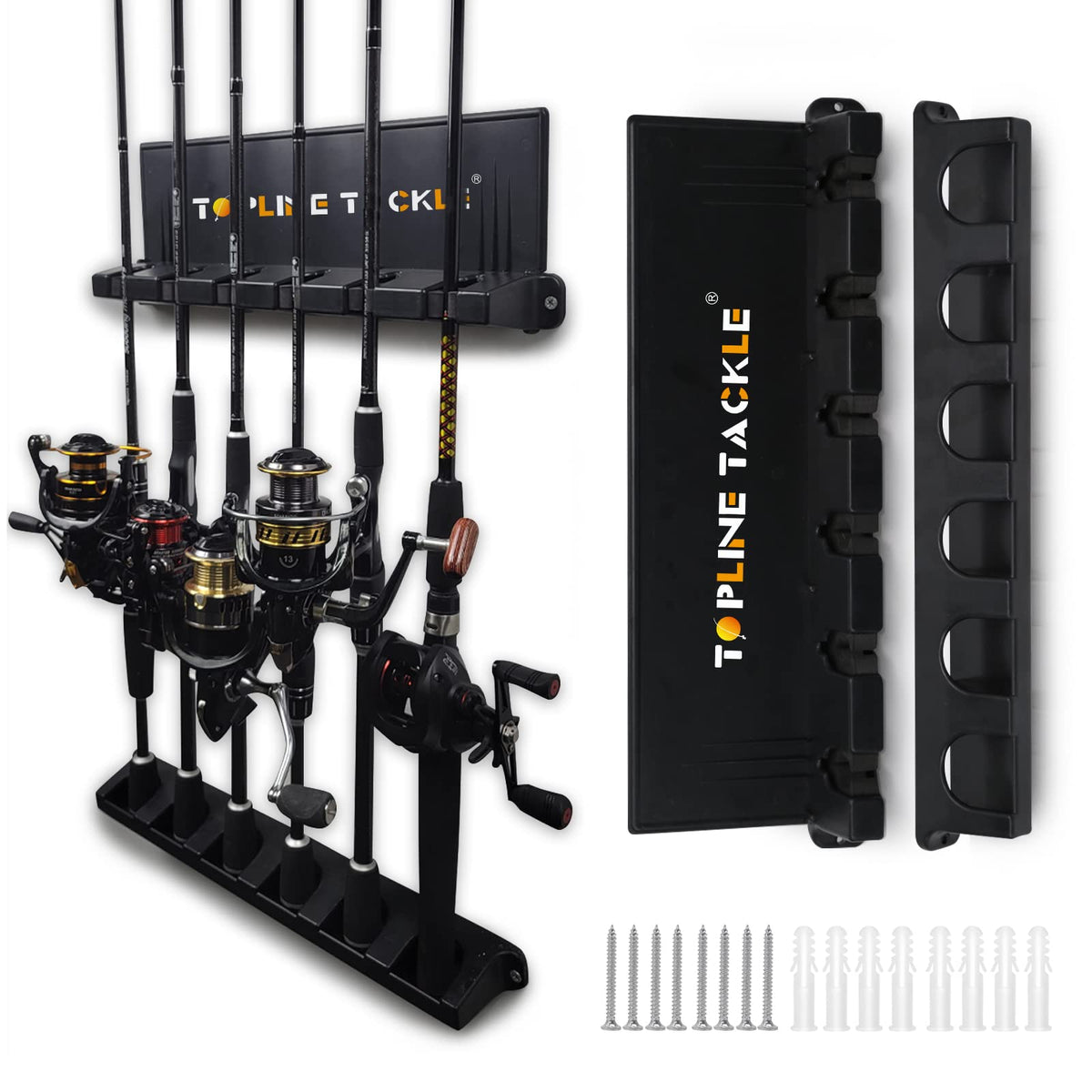 Topline Tackle wall-mounted vertical rod holders on garage wall