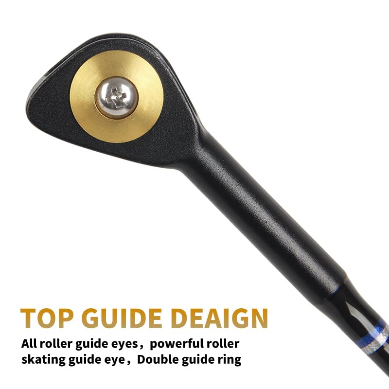 Topline Tackle BlueSpear 6'6 Bent Rod roller-guide closeup highlights smooth casting and line protection.