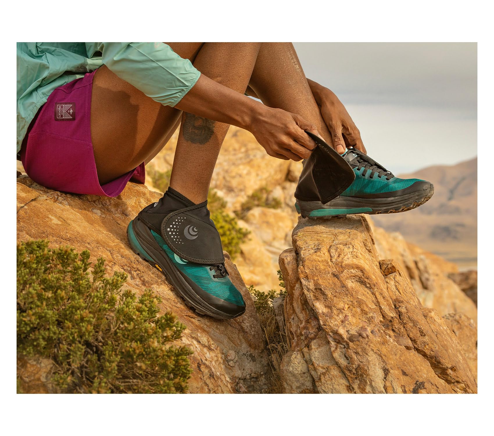 Topo Athletic performance gaiter stretch nylon offers lightweight protection against debris.