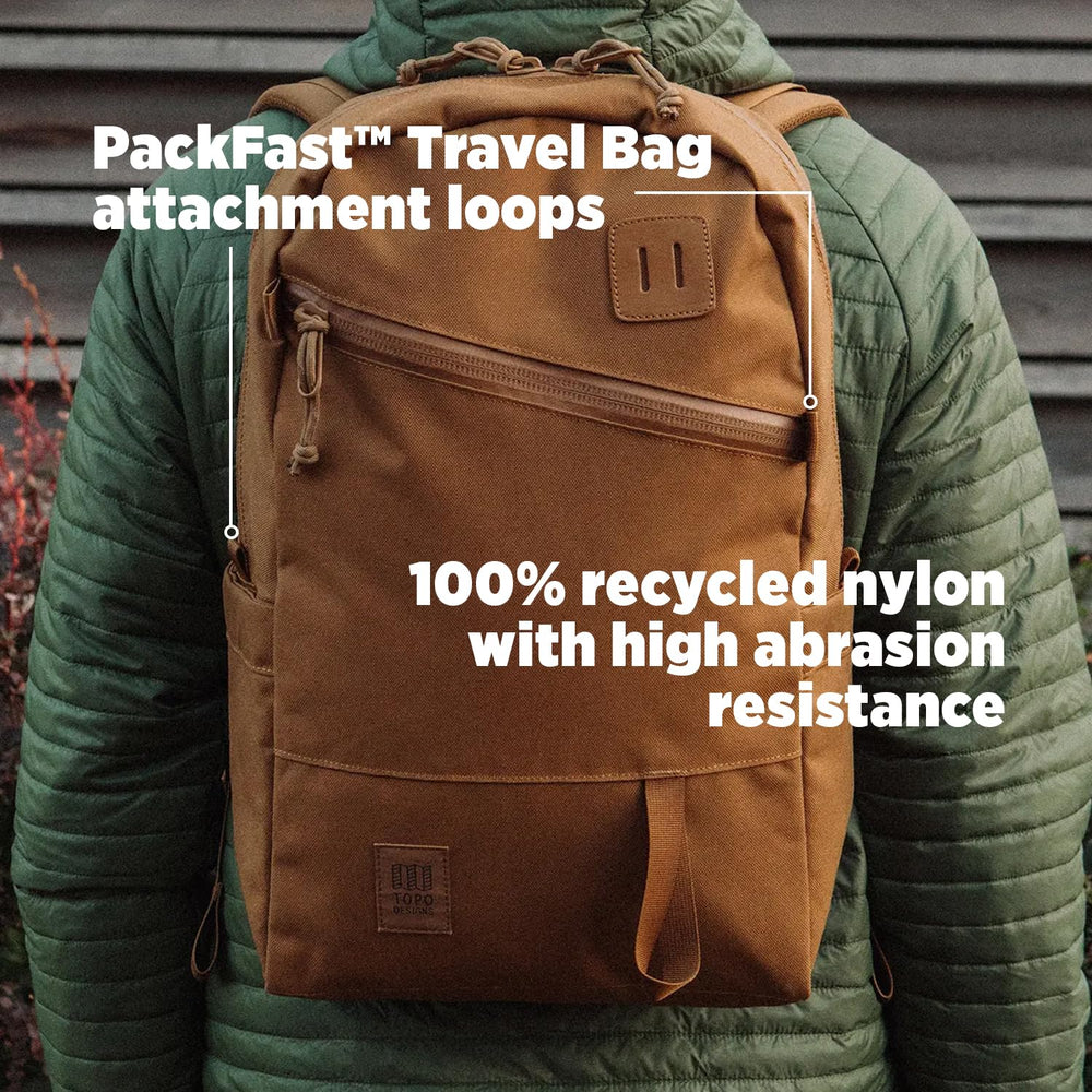 Topo Designs Daypack Tech contoured padded shoulder straps improve comfortable carrying.