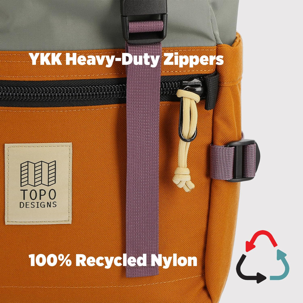 Topo Designs Rover Pack Classic back view highlights comfortable carry and urban durability for everyday use.