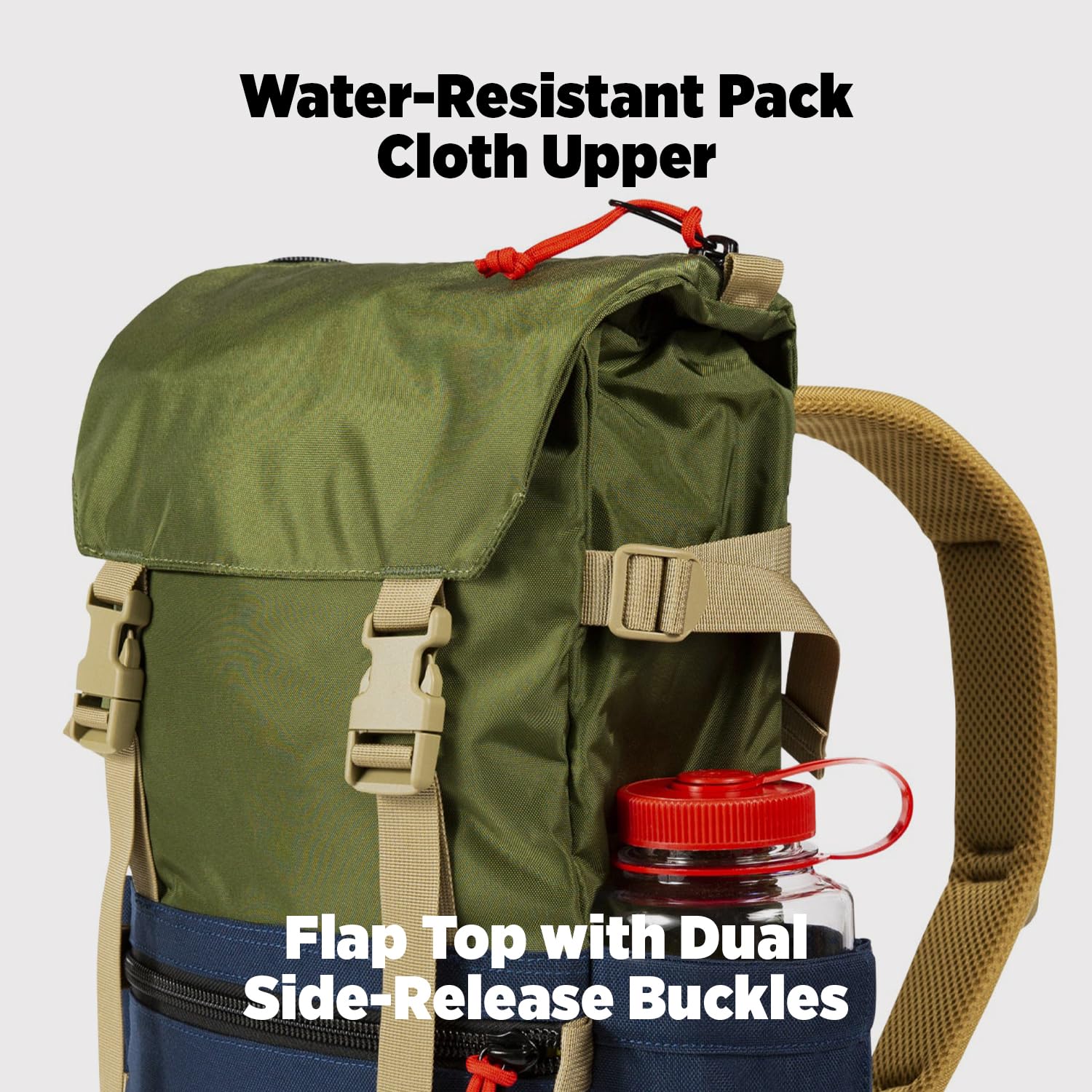 Topo Designs Rover Pack Classic bottom-pocket view illustrates organized storage for gear and snacks.