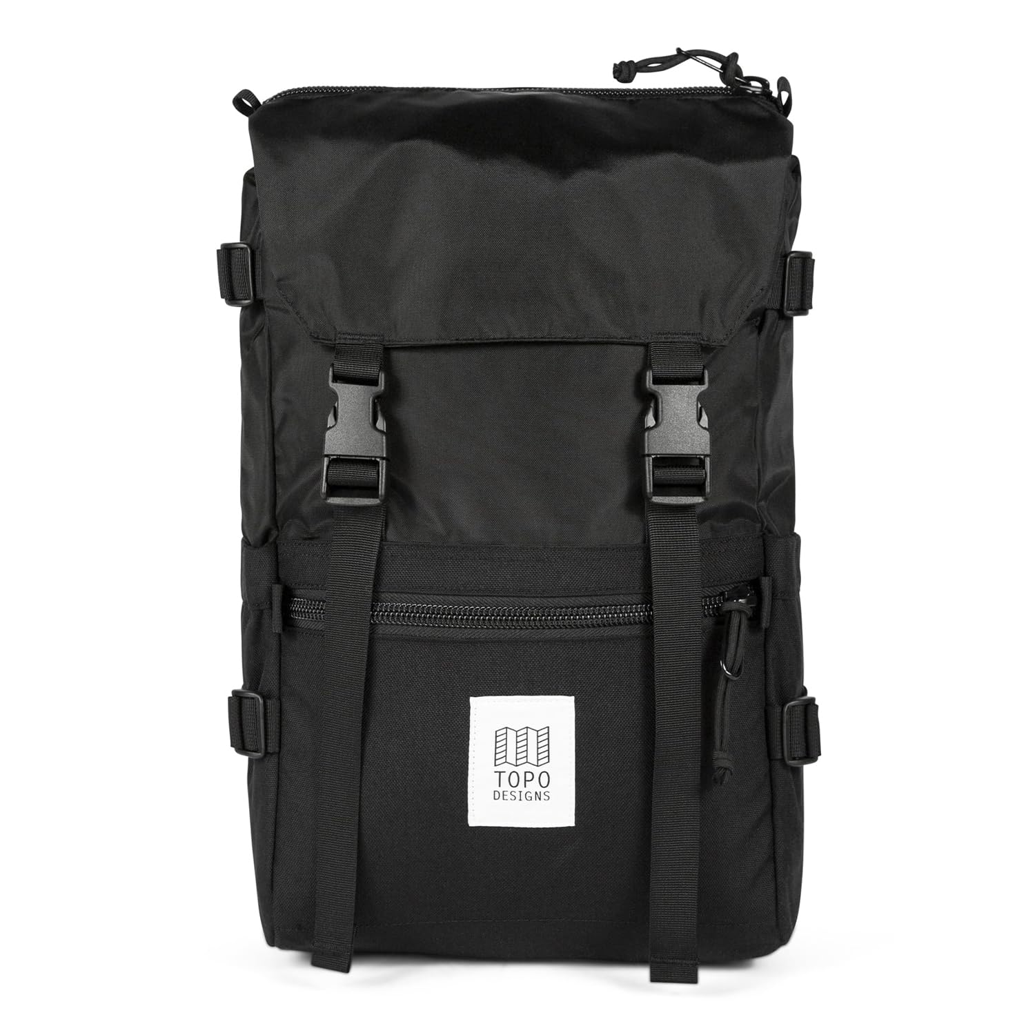 Topo Designs Rover Pack Classic front view, ideal for daily commutes with durable all-black styling.
