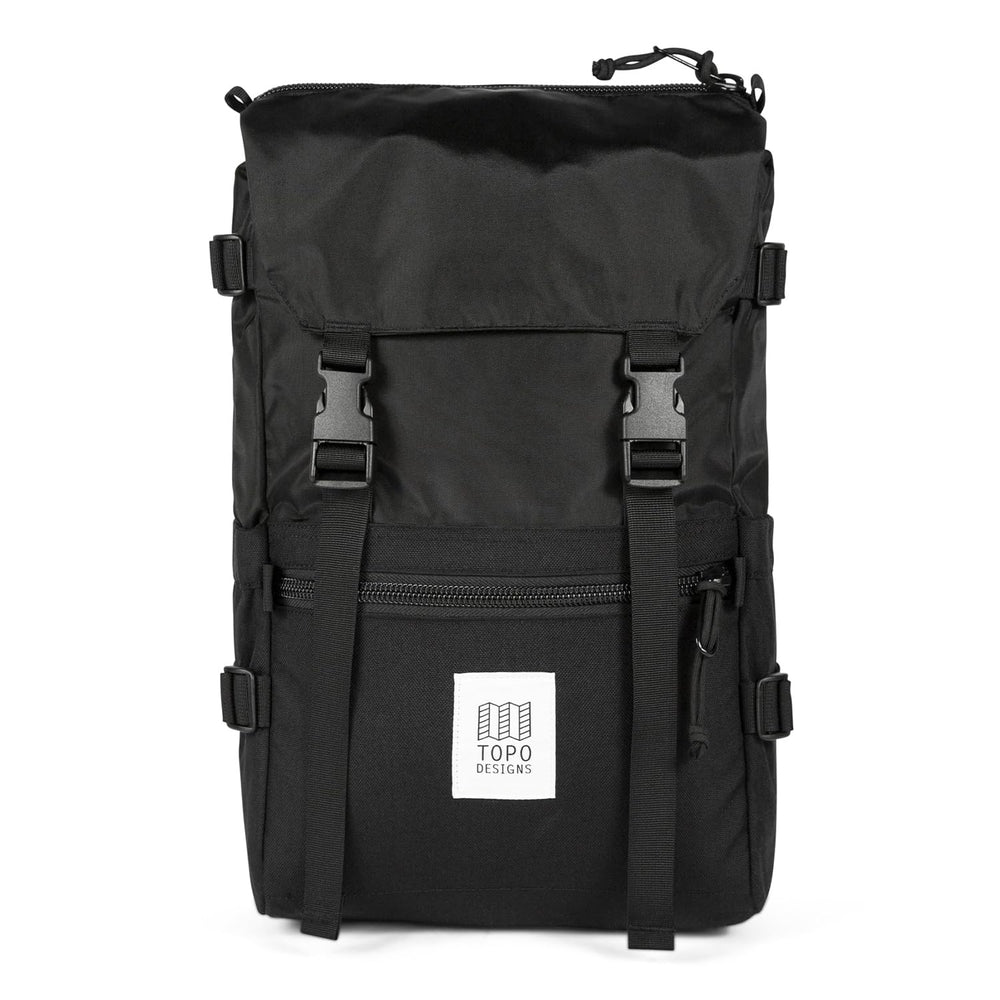 Topo Designs Rover Pack Classic front view, ideal for daily commutes with durable all-black styling.