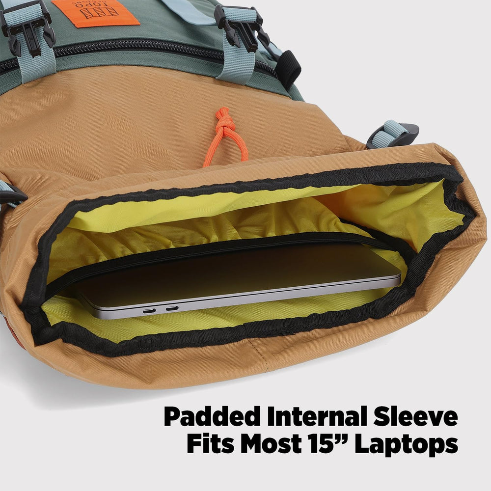 Topo Designs Rover Pack Classic laptop sleeve interior shot supports safe daily tech transport.