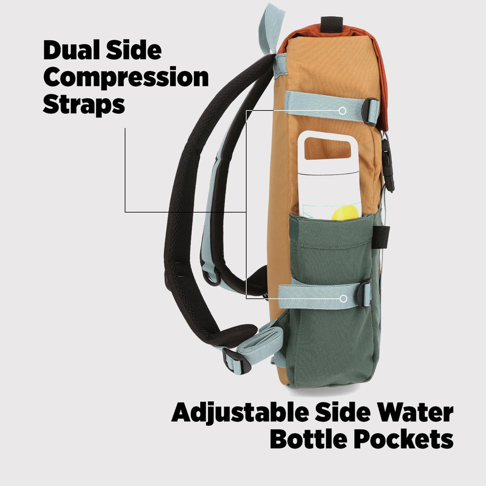 Topo Designs Rover Pack Classic top flap close-up shows rugged zips and refined finish.