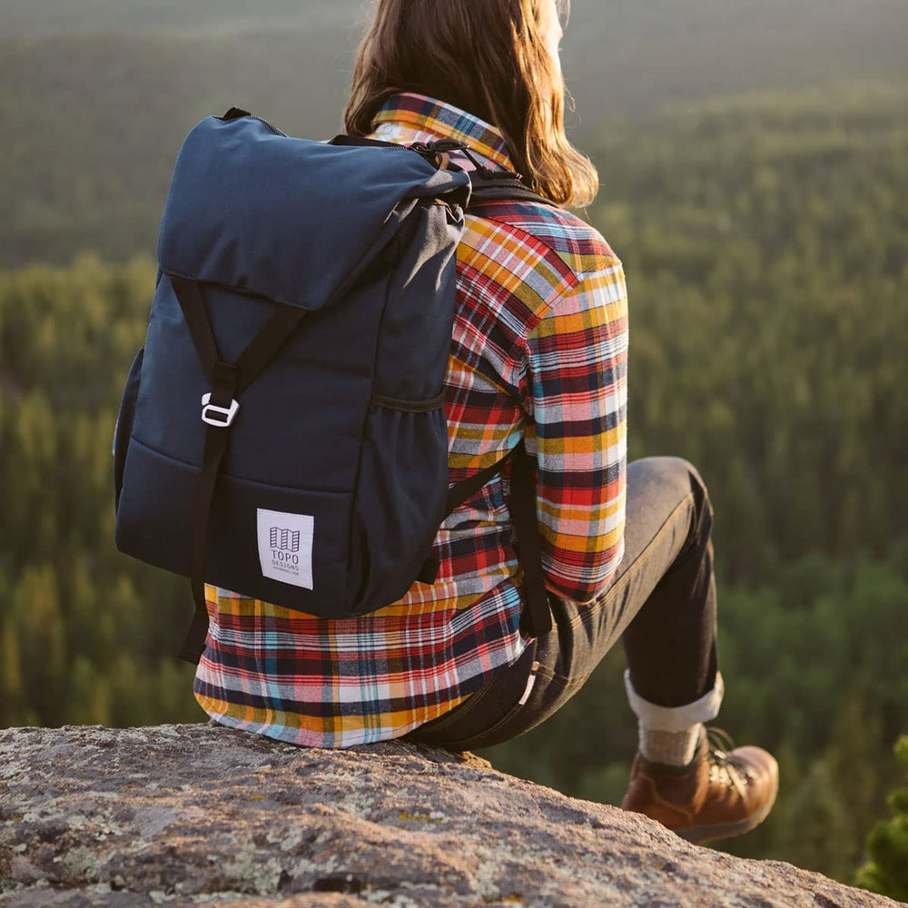 Topo Designs Y-Pack Navy back view showing streamlined silhouette.