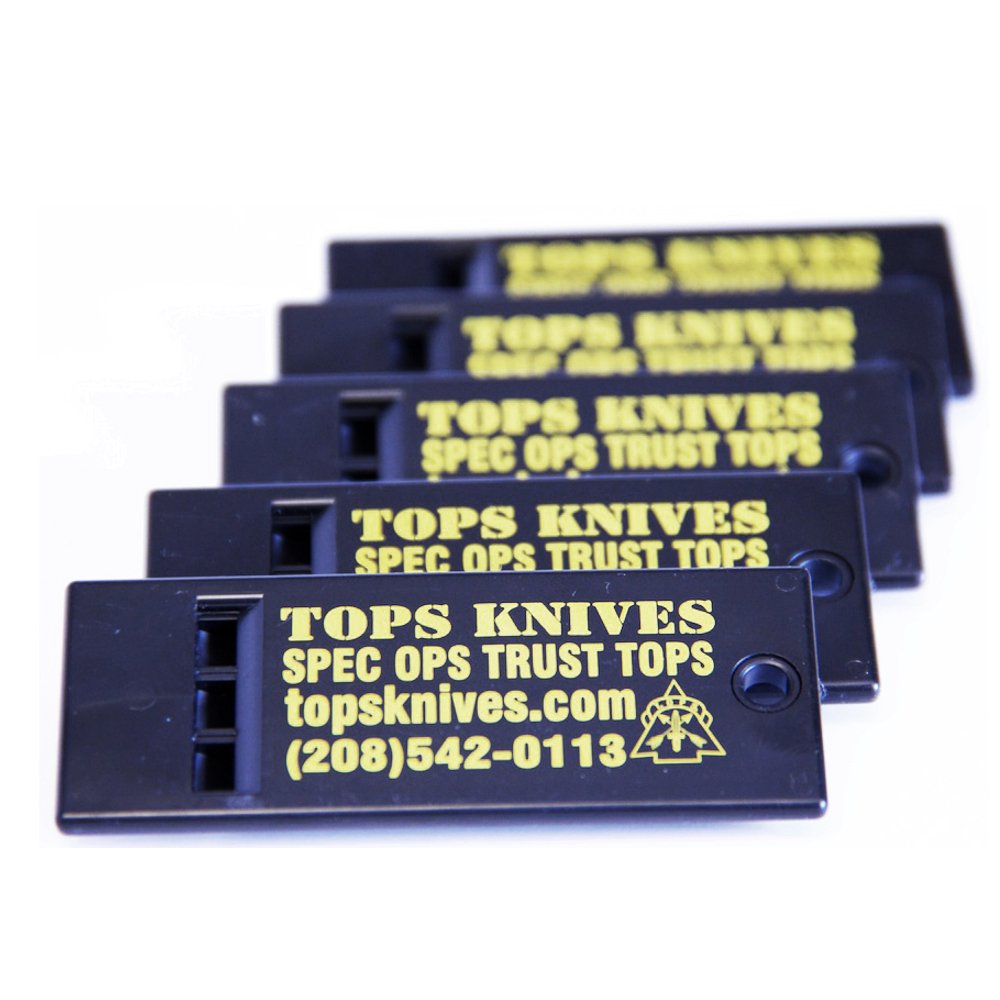 Tops Survival Whistle five-pack for outdoor signaling and emergency preparedness.