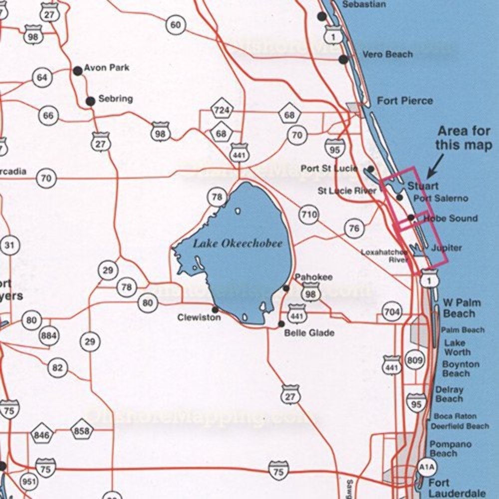 Top Spot map N214 Jupiter-Stuart detailed chart shows shoreline access and marinas.
