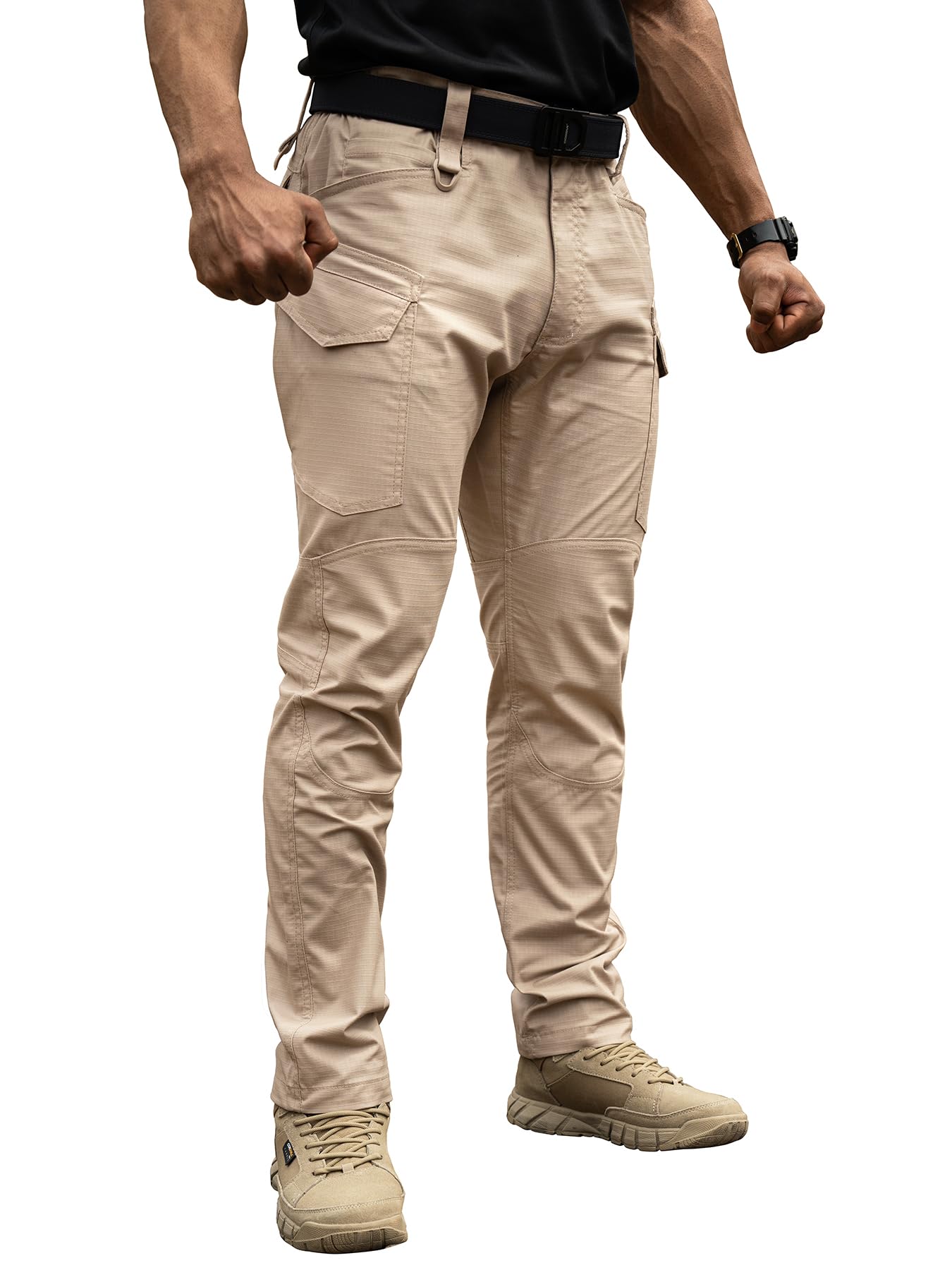 TOPTACPRO tactical pants front view in khaki highlight durable ripstop fabric for rugged outdoor wear