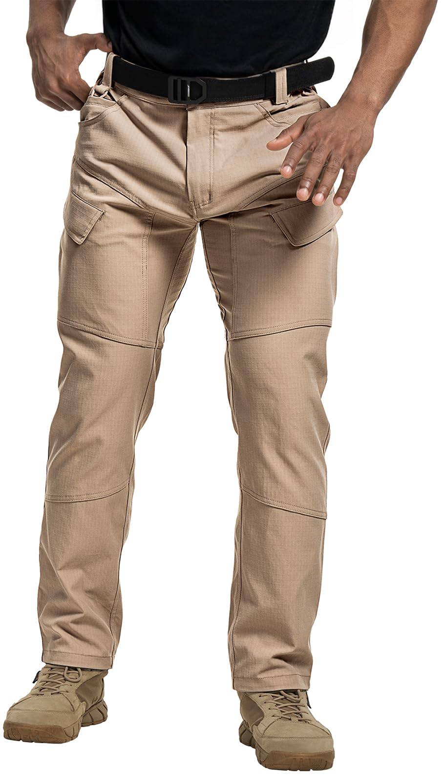 TOPTACPRO Tactical Pants Khaki front view demonstrates 4-way stretch for movement