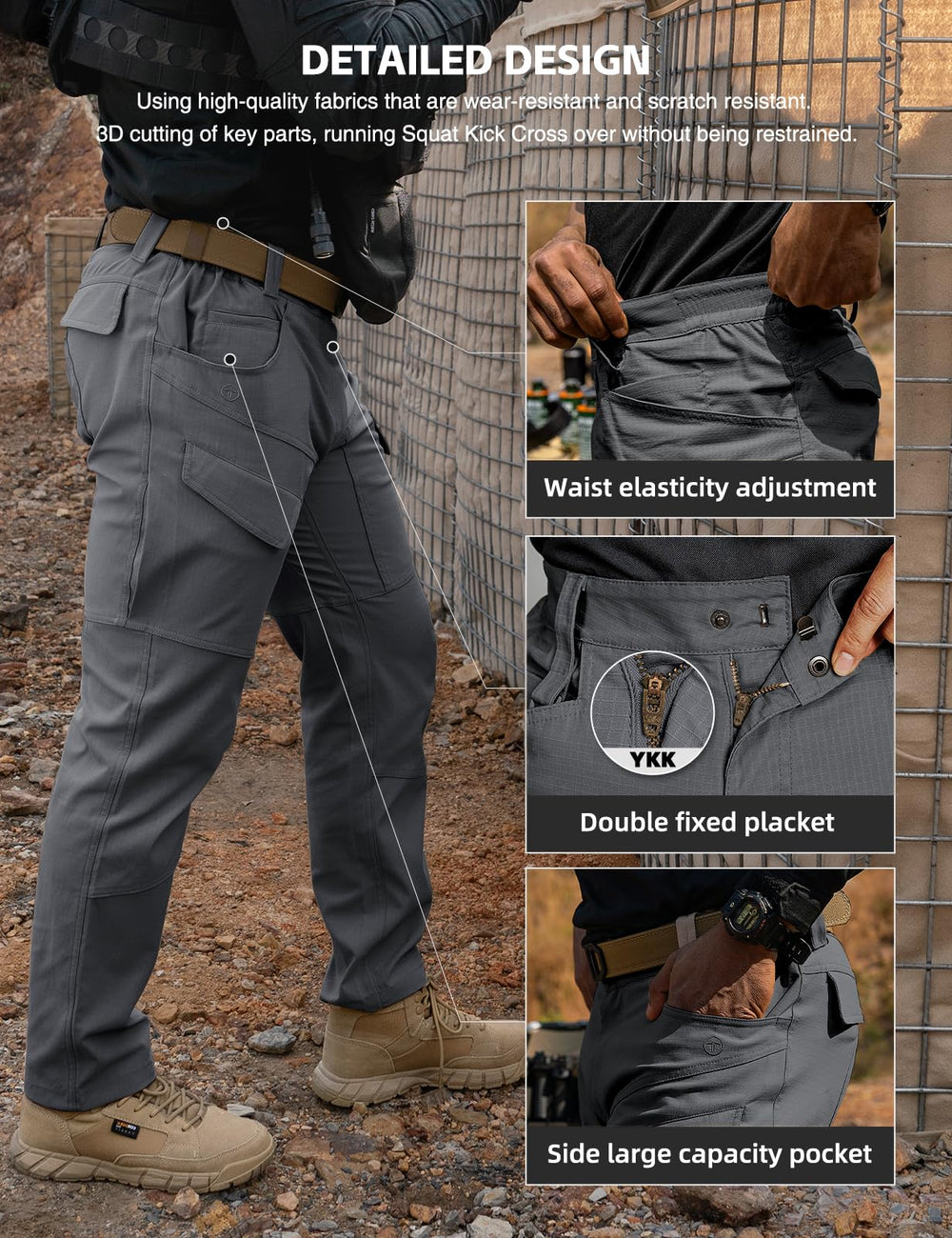 TOPTACPRO Tactical Pants knee area closeup illustrating enhanced mobility.