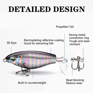 Close-up of topwater lure showing rotating tail action