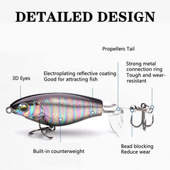Close-up of topwater lure showing rotating tail action