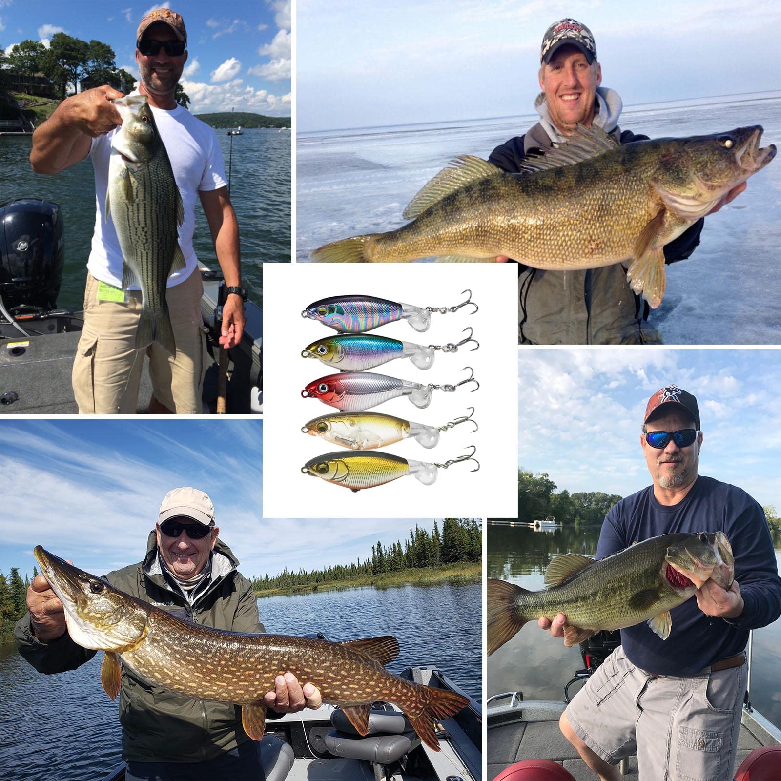 Assorted colors 5-piece topwater lure set in packaging
