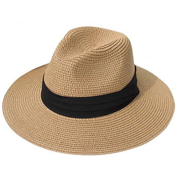 TOPWEL Women Fedora Sun Hat khaki front view with black ribbon