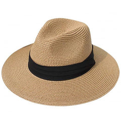 TOPWEL Women Fedora Sun Hat khaki front view with black ribbon