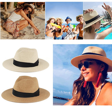 Model wearing TOPWEL sun hat with summer dress in khaki