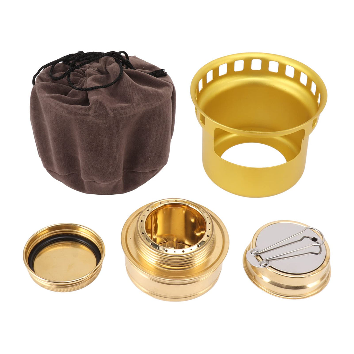 Topyond alcohol stove for backpacking with windproof brass design for outdoor cooking.