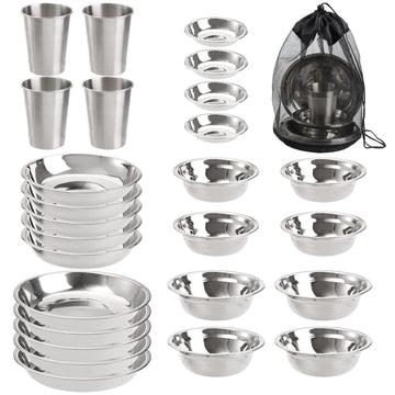 TopZea camping plates-bowls-setup shows 26-piece set for outdoor meals with durable stainless steel.