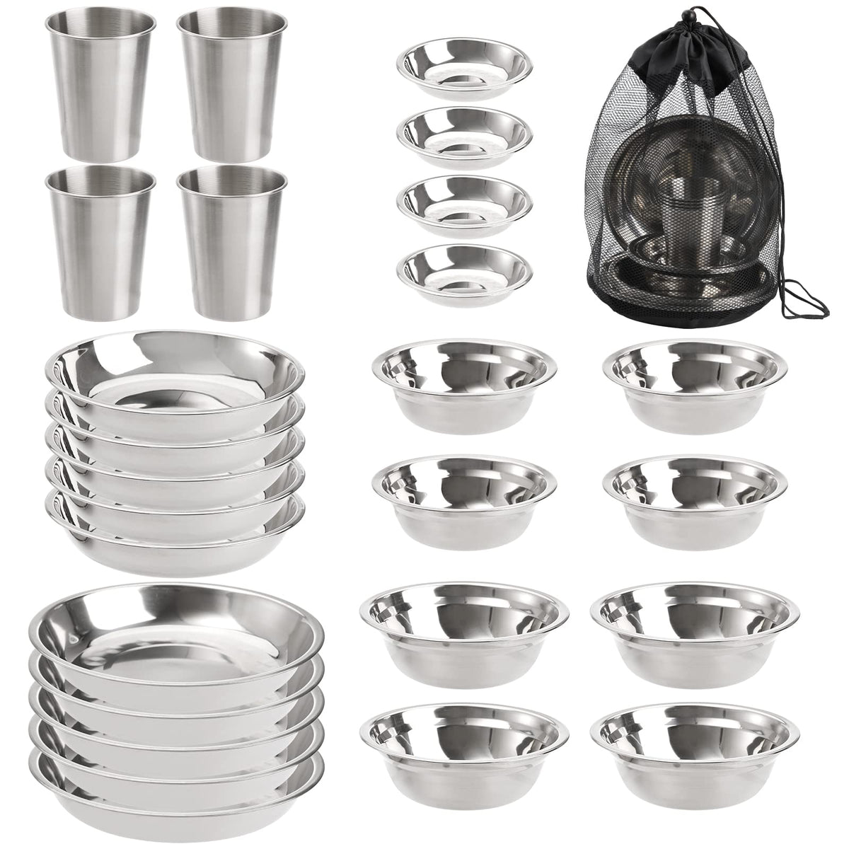 TopZea camping plates-bowls-setup shows 26-piece set for outdoor meals with durable stainless steel.