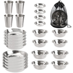 TopZea camping plates-bowls-setup shows 26-piece set for outdoor meals with durable stainless steel.