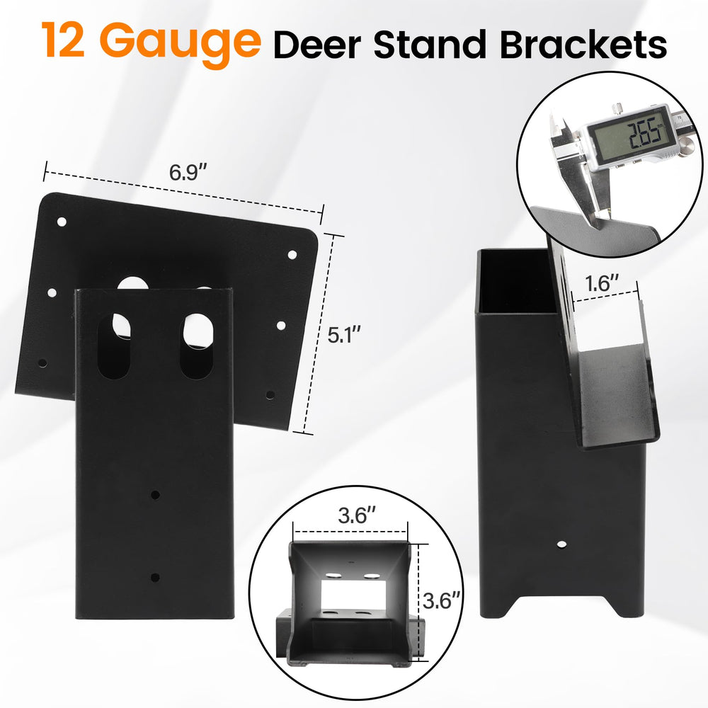 Toriexon-12-gauge-steel-deer-stand-brackets indicate heavy-duty support for deer stand.