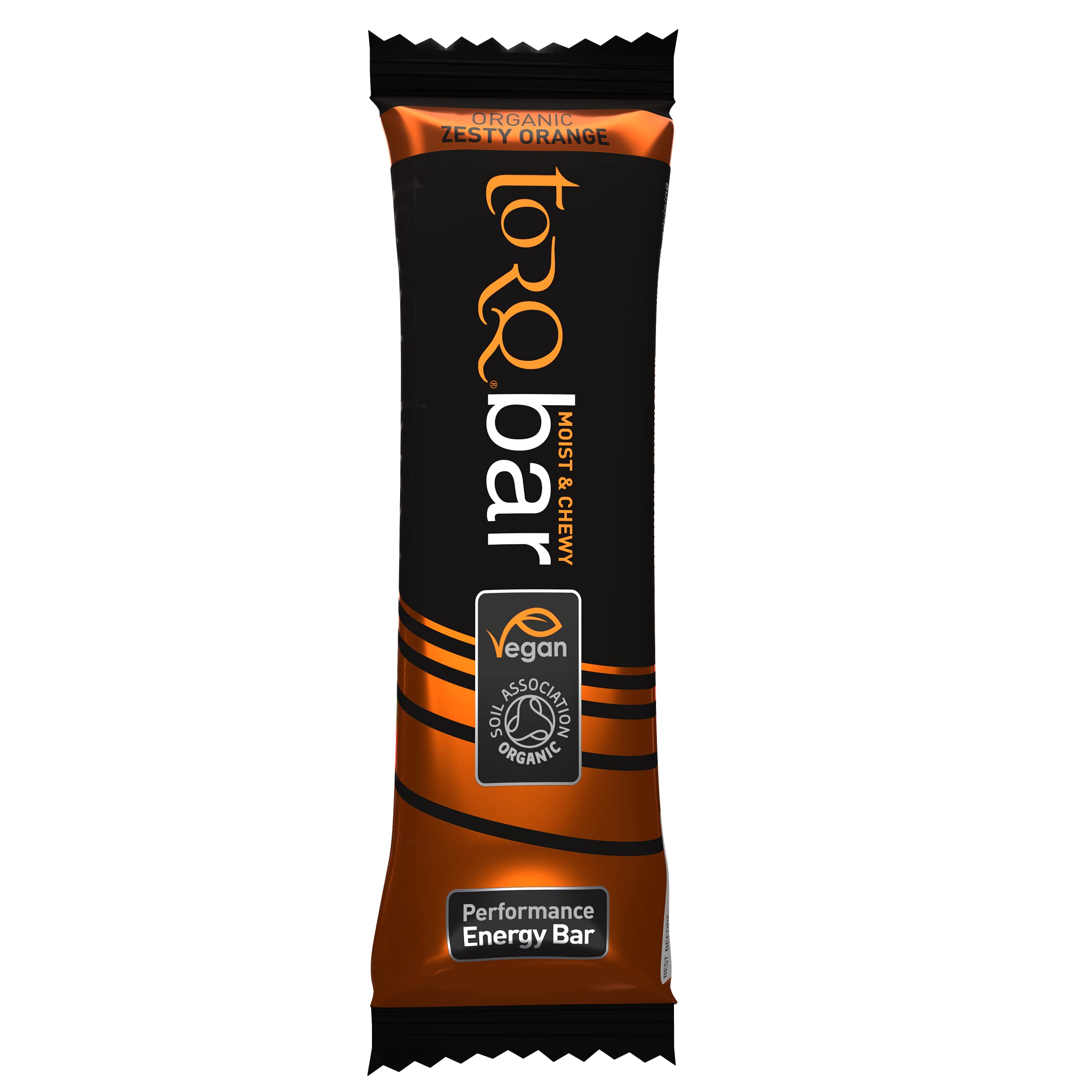TORQ Zesty Orange energy bar front view on packaging for quick grab-and-go