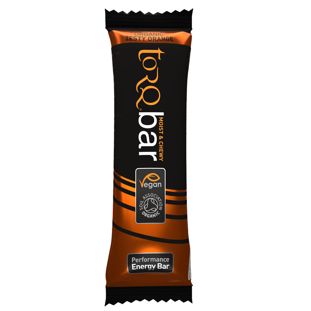 TORQ Zesty Orange energy bar front view on packaging for quick grab-and-go