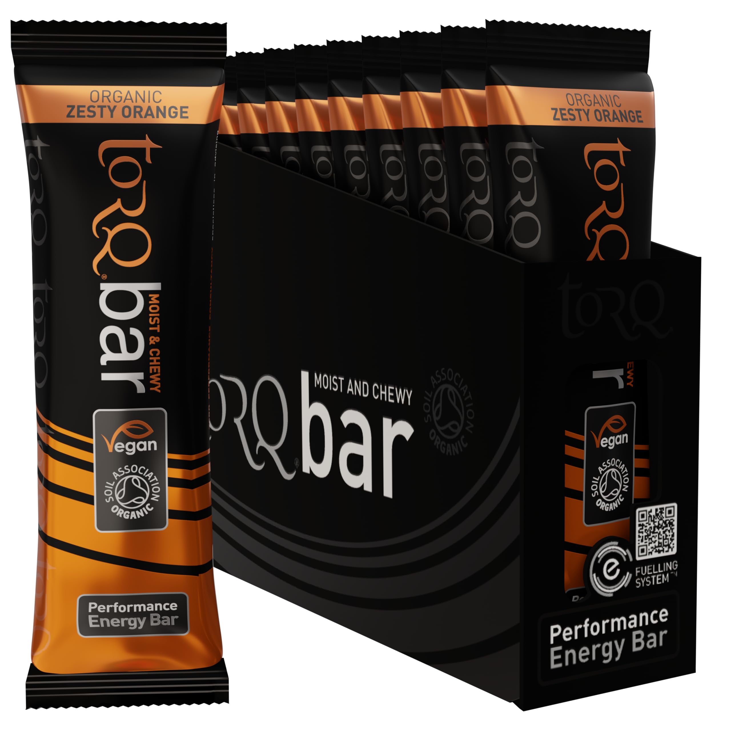 TORQ Zesty Orange energy bar packaging highlighting organic and fairtrade sourcing for sustainability